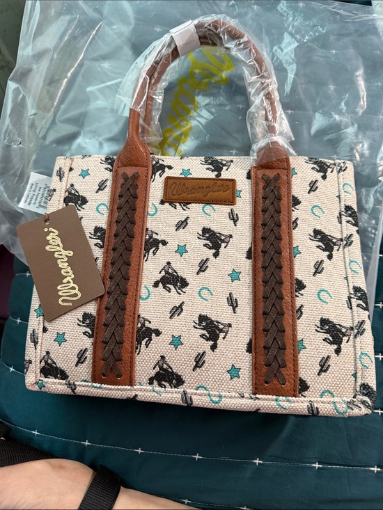 Wrangler Handbags - Wrangler Cream Canvas Tote with Brown Trim and Turquoise Accents